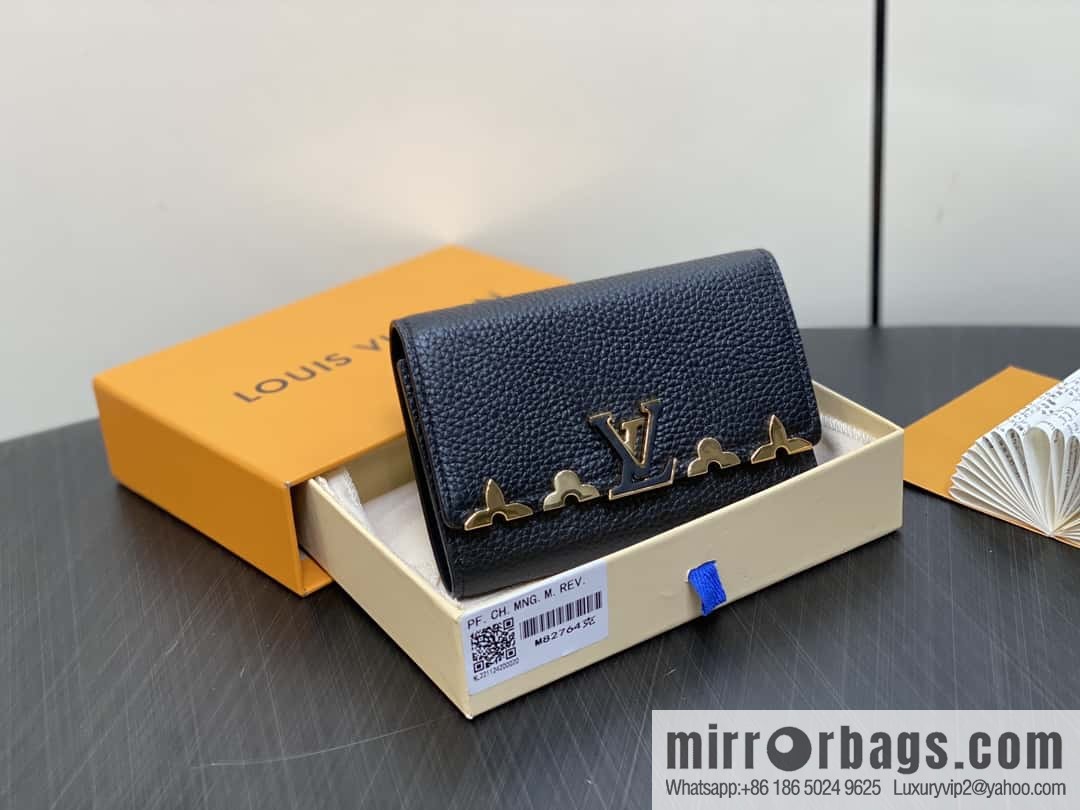 [Boutique‑grade] M82764 black full leather tri-fold wallet series Capucines wallet M82764 82835 white (floral)
