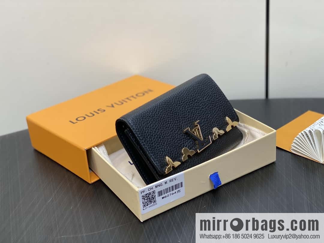 [Boutique‑grade] M82764 black full leather tri-fold wallet series Capucines wallet M82764 82835 white (floral)