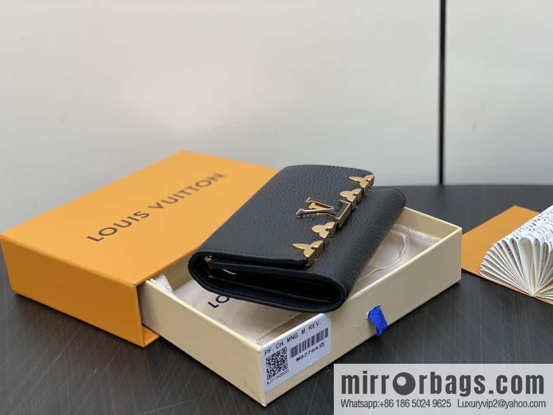 [Boutique‑grade] M82764 black full leather tri-fold wallet series Capucines wallet M82764 82835 white (floral)