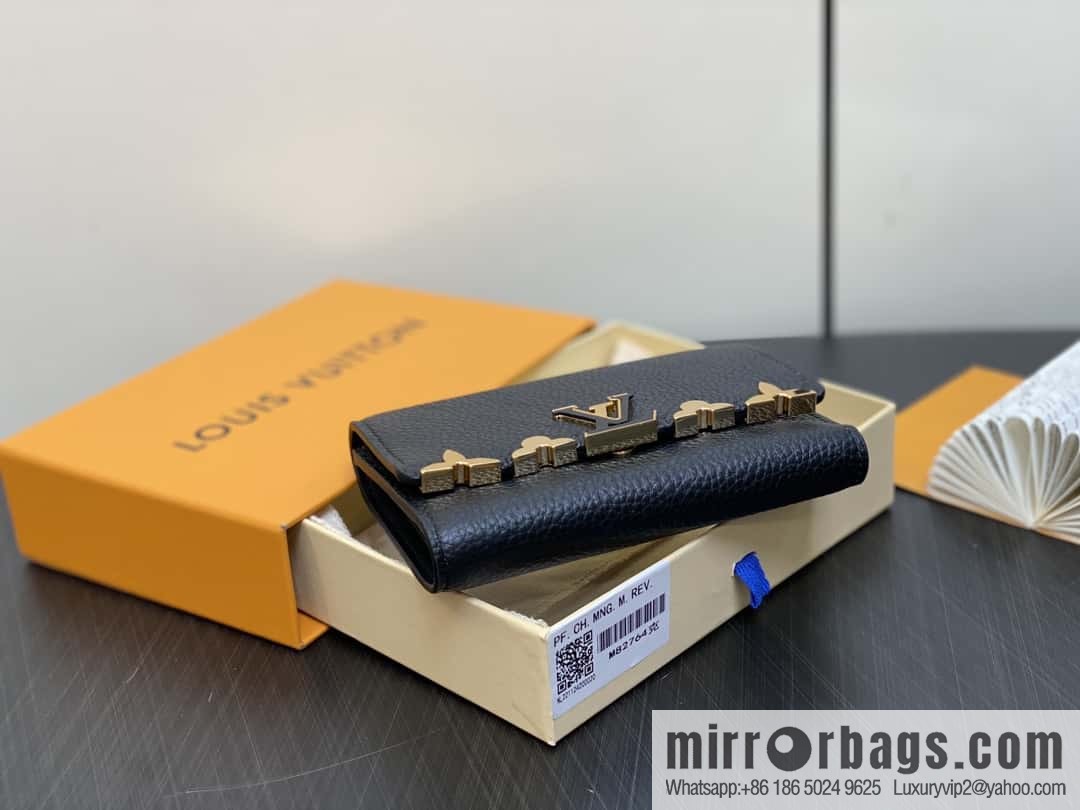 [Boutique‑grade] M82764 black full leather tri-fold wallet series Capucines wallet M82764 82835 white (floral)