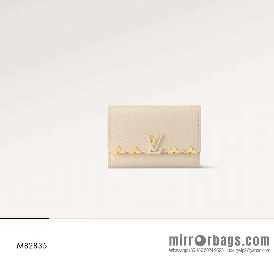 [Boutique‑grade] M82764 black full leather tri-fold wallet series Capucines wallet M82764 82835 white (floral)
