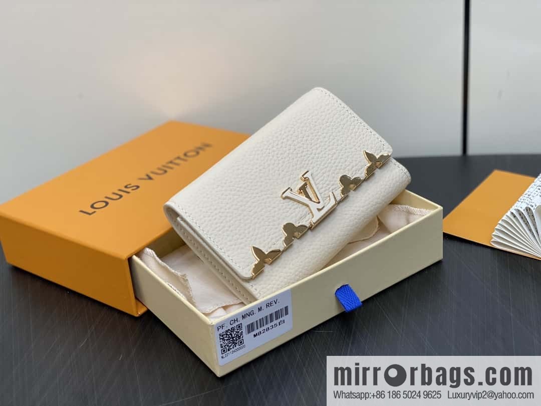 [Boutique‑grade] M82764 black full leather tri-fold wallet series Capucines wallet M82764 82835 white (floral)