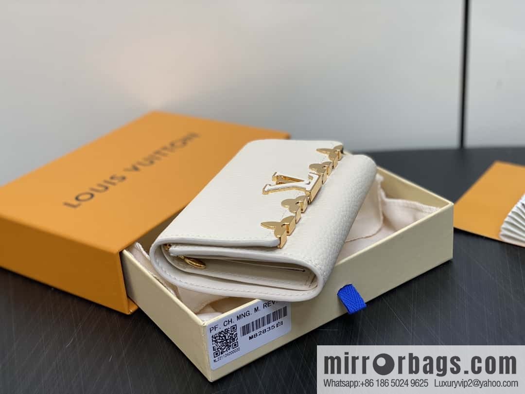 [Boutique‑grade] M82764 black full leather tri-fold wallet series Capucines wallet M82764 82835 white (floral)