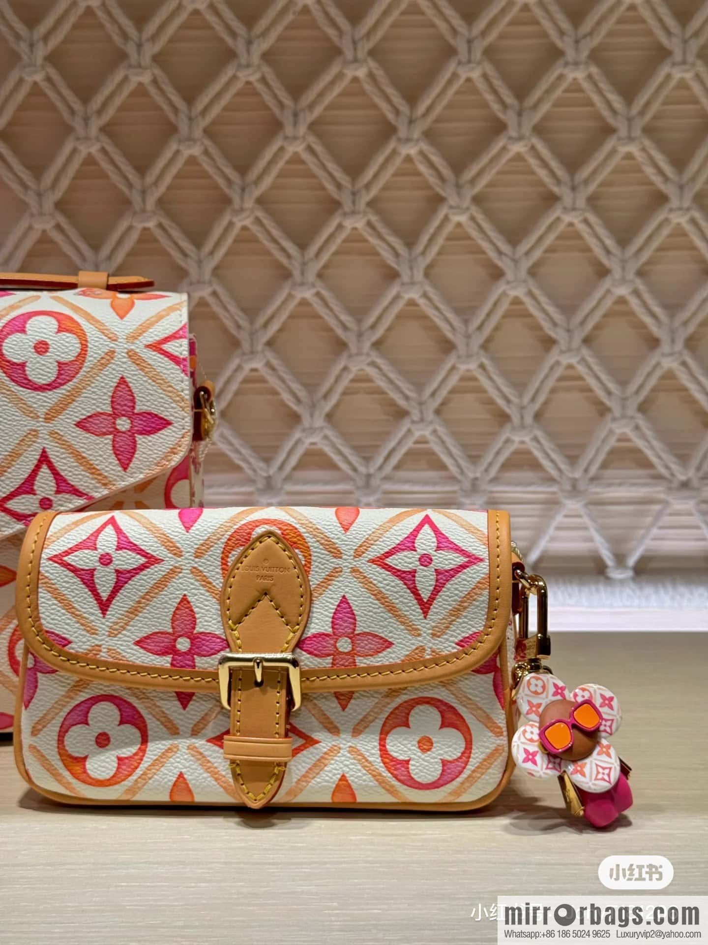 [Boutique‑grade] M83621 rose red printed mini baguette bag Nano Diane baguette handbag, rose red (2024 summer) By the Pool summer series