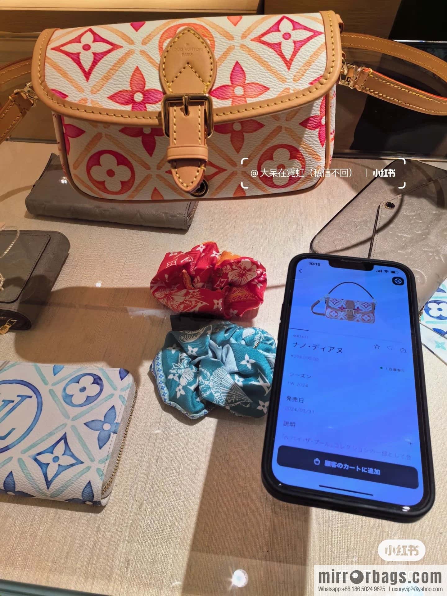 [Boutique‑grade] M83621 rose red printed mini baguette bag Nano Diane baguette handbag, rose red (2024 summer) By the Pool summer series