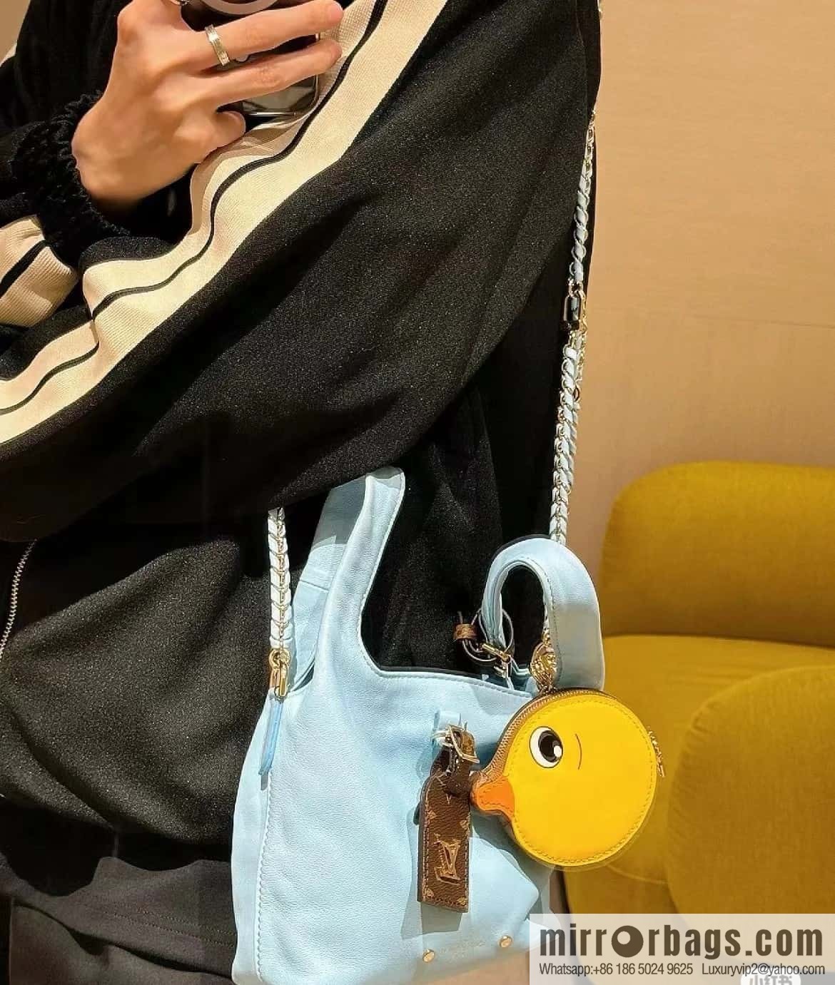 [Boutique‑grade] M11387 blue full leather (with little yellow duck) variable code chip version, small shopping bag series ATLANTIS BB handbag