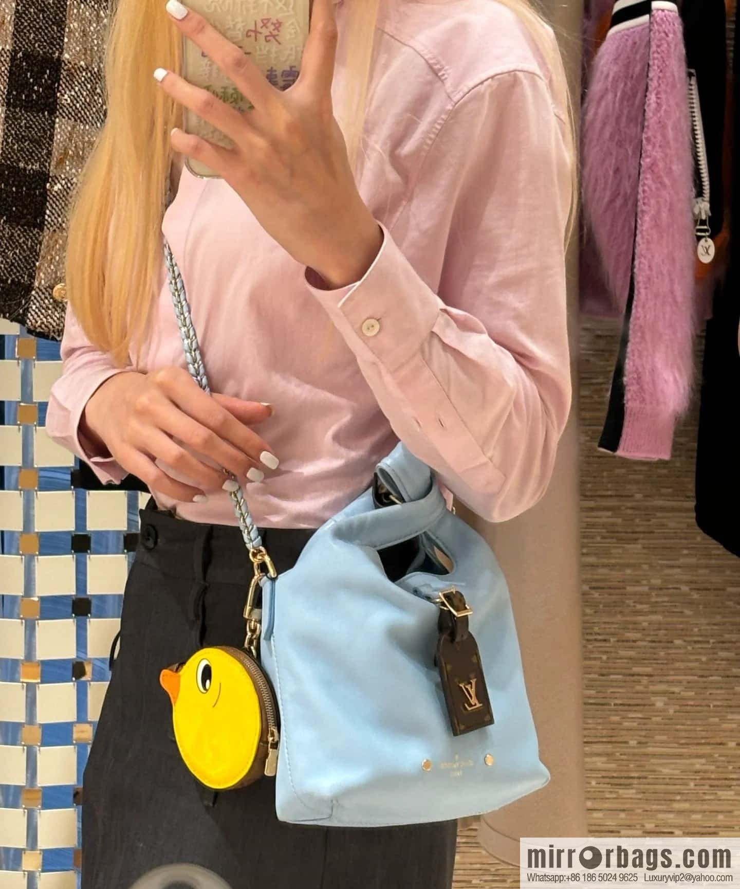 [Boutique‑grade] M11387 blue full leather (with little yellow duck) variable code chip version, small shopping bag series ATLANTIS BB handbag
