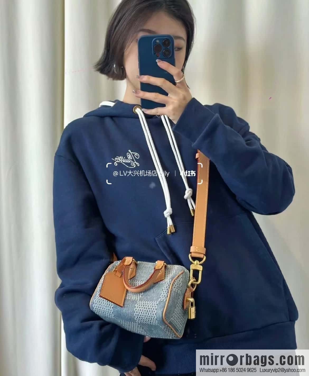 [Premium‑quality] N40682 blue plaid denim pillow bag speedy series Nano Speedy handbag