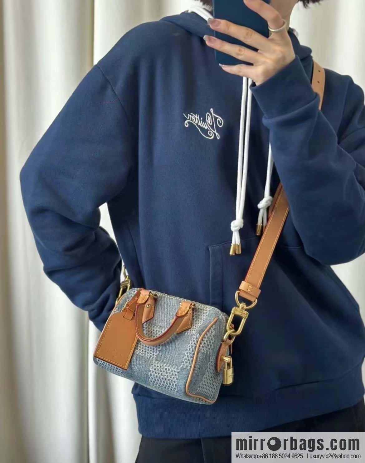 [Premium‑quality] N40682 blue plaid denim pillow bag speedy series Nano Speedy handbag