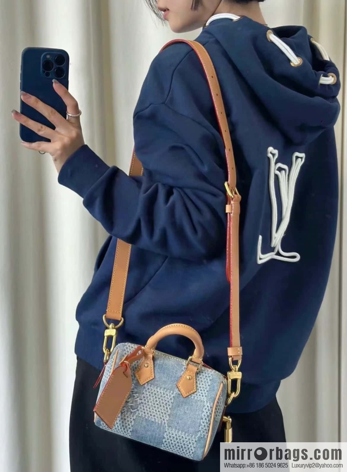 [Premium‑quality] N40682 blue plaid denim pillow bag speedy series Nano Speedy handbag