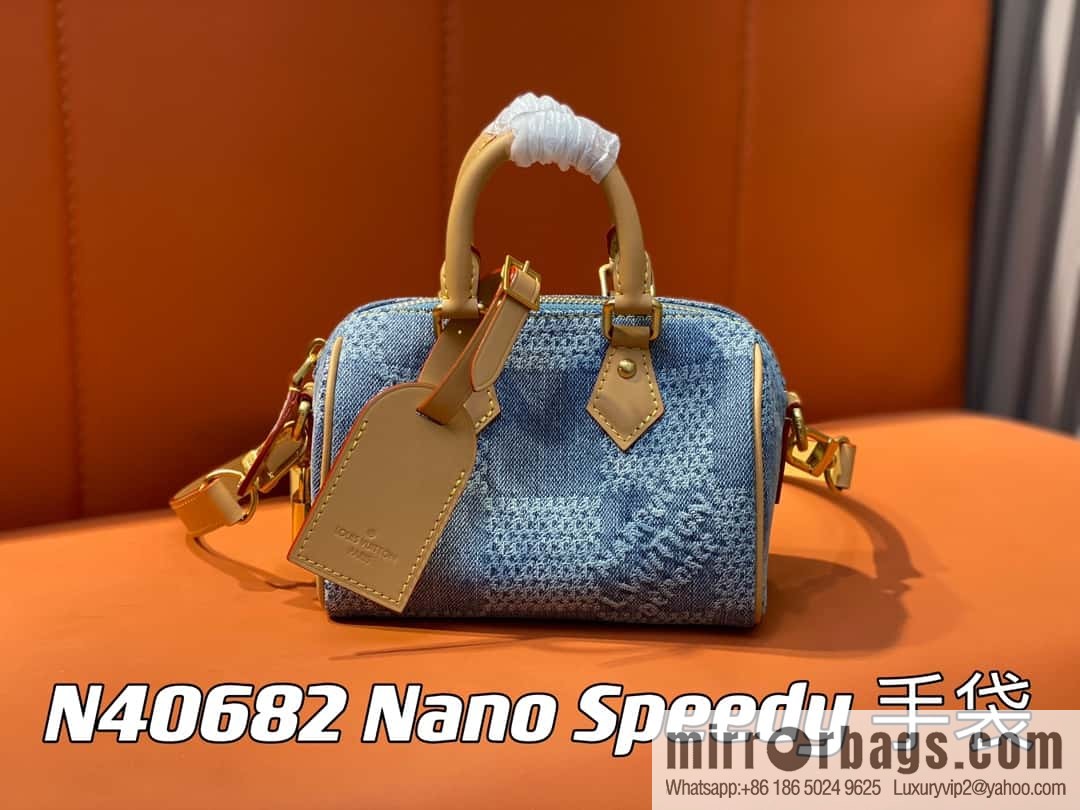 [Premium‑quality] N40682 blue plaid denim pillow bag speedy series Nano Speedy handbag