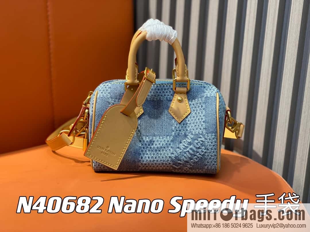 [Premium‑quality] N40682 blue plaid denim pillow bag speedy series Nano Speedy handbag
