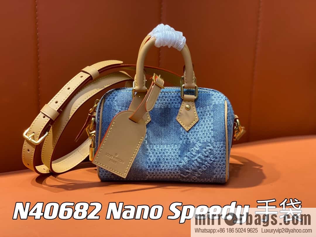 [Premium‑quality] N40682 blue plaid denim pillow bag speedy series Nano Speedy handbag