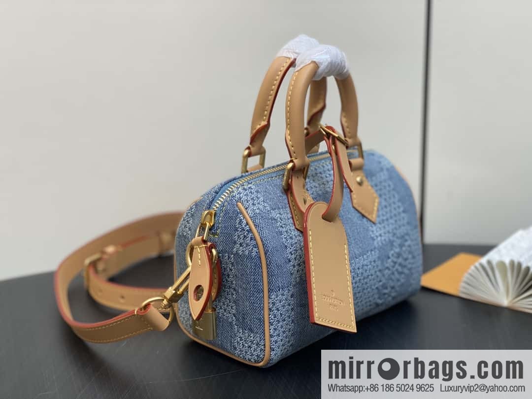 [Premium‑quality] N40682 blue plaid denim pillow bag speedy series Nano Speedy handbag