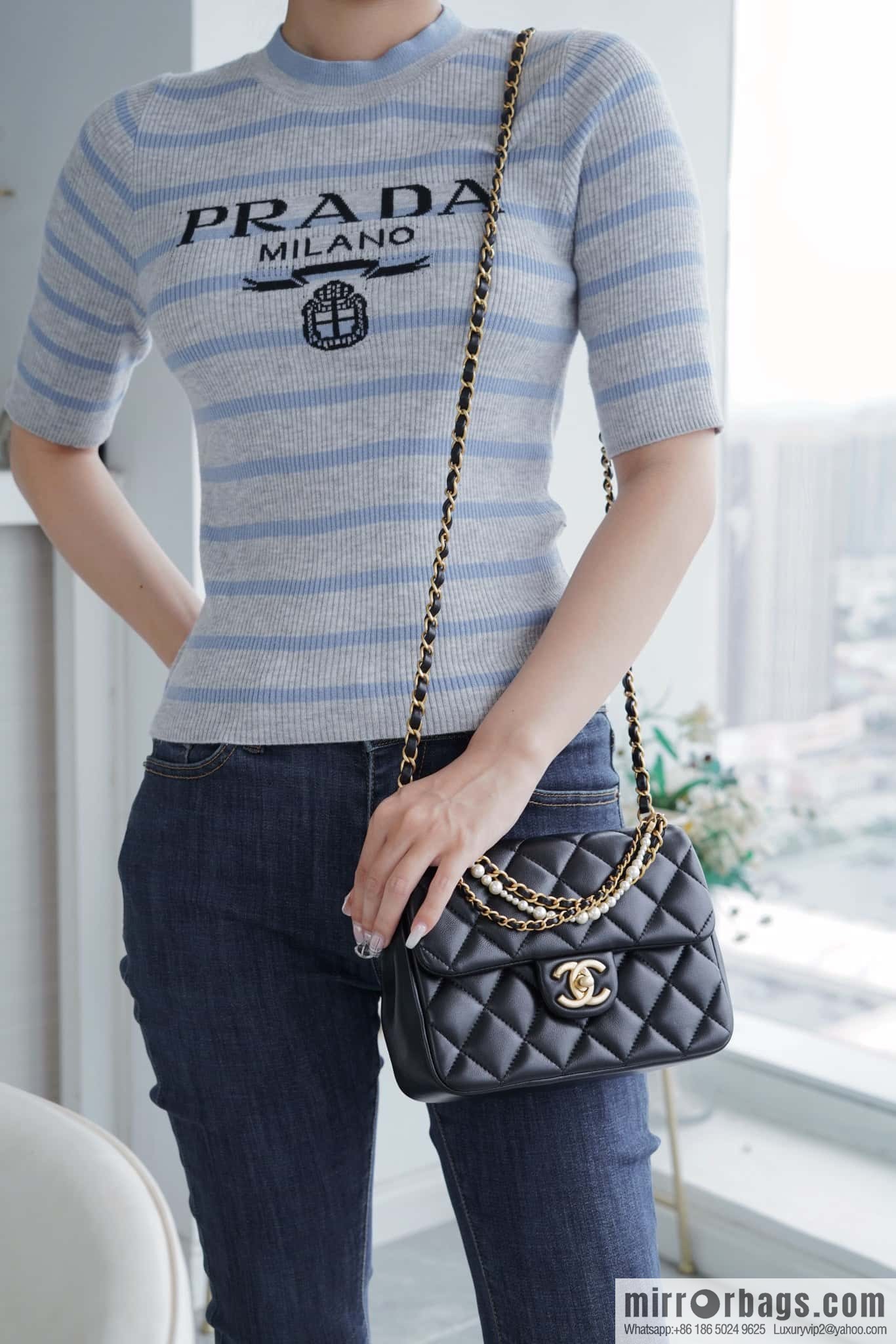 Chanel pearl chain, fat square large black AS4384