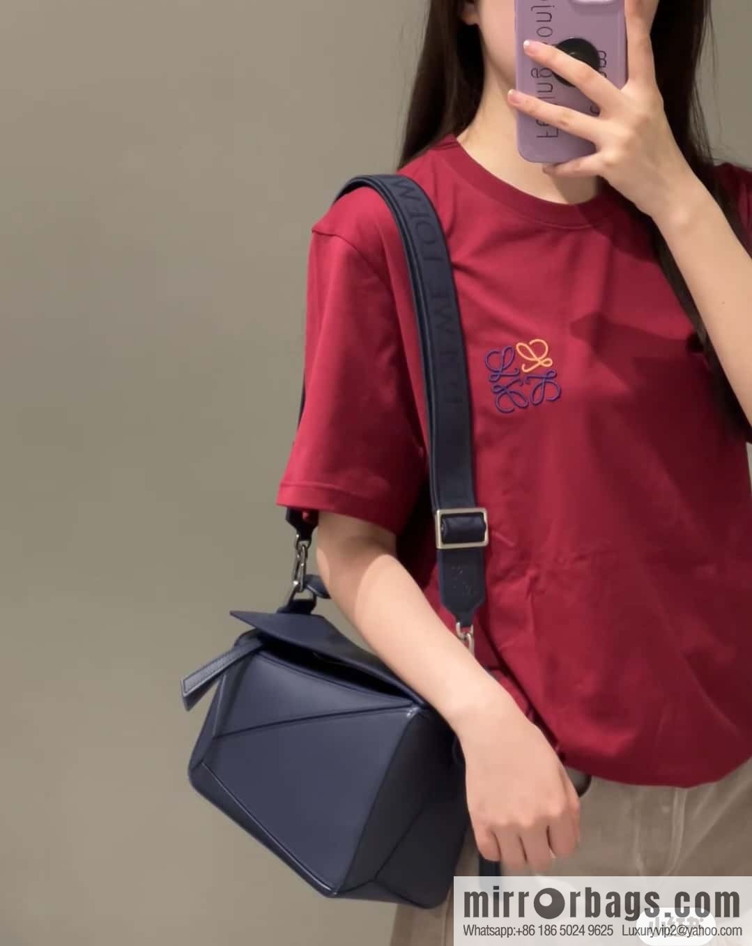 LOEWE satin leather ➕ Anagram embroidery shoulder strap geometric bag 0189 blue 24CM