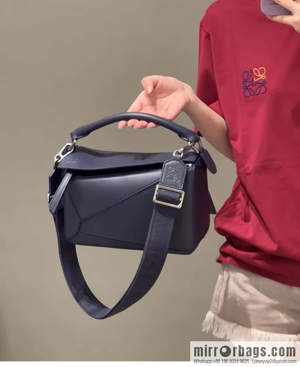 LOEWE satin leather ➕ Anagram embroidery shoulder strap geometric bag 0189 blue 24CM