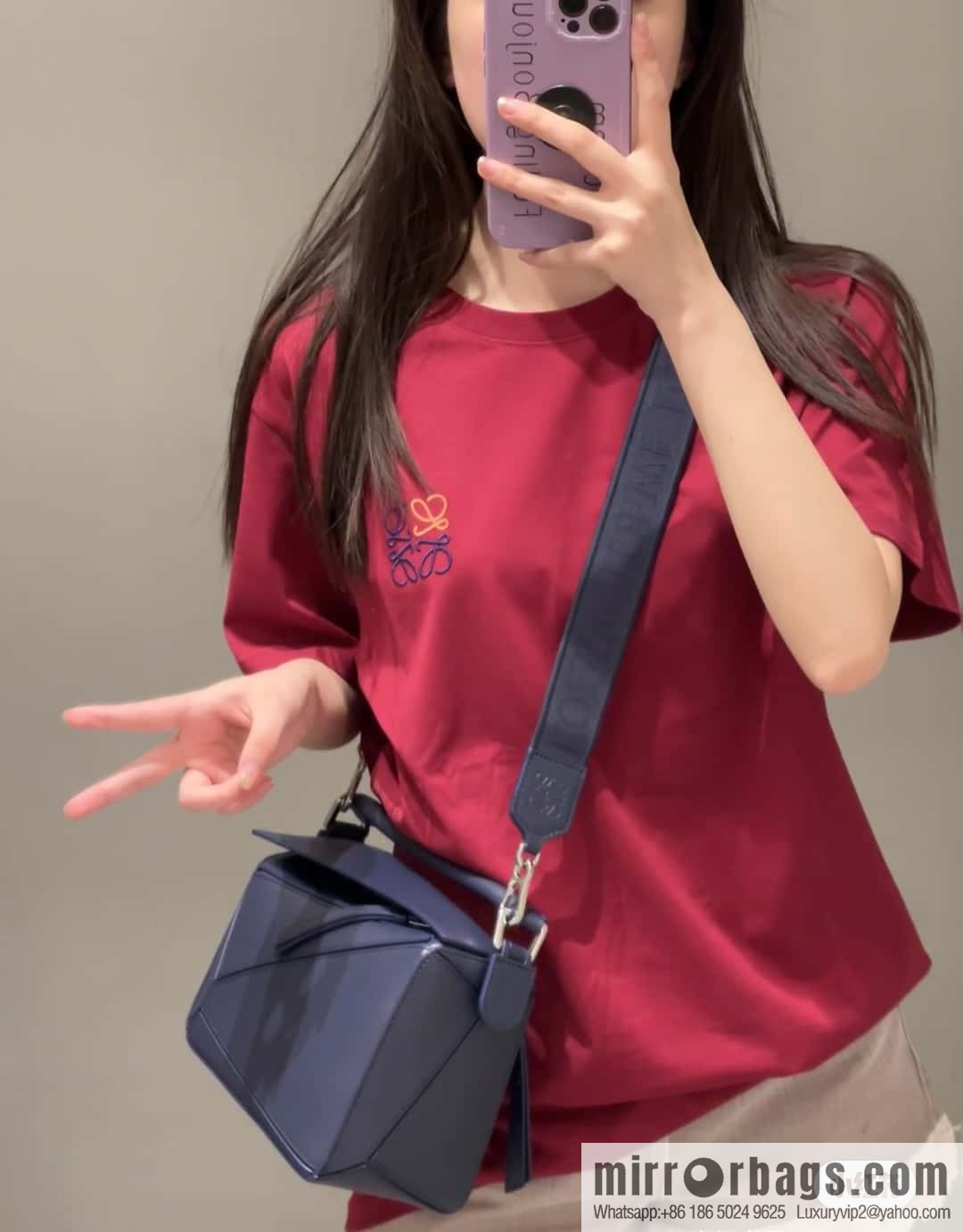 LOEWE satin leather ➕ Anagram embroidery shoulder strap geometric bag 0189 blue 24CM