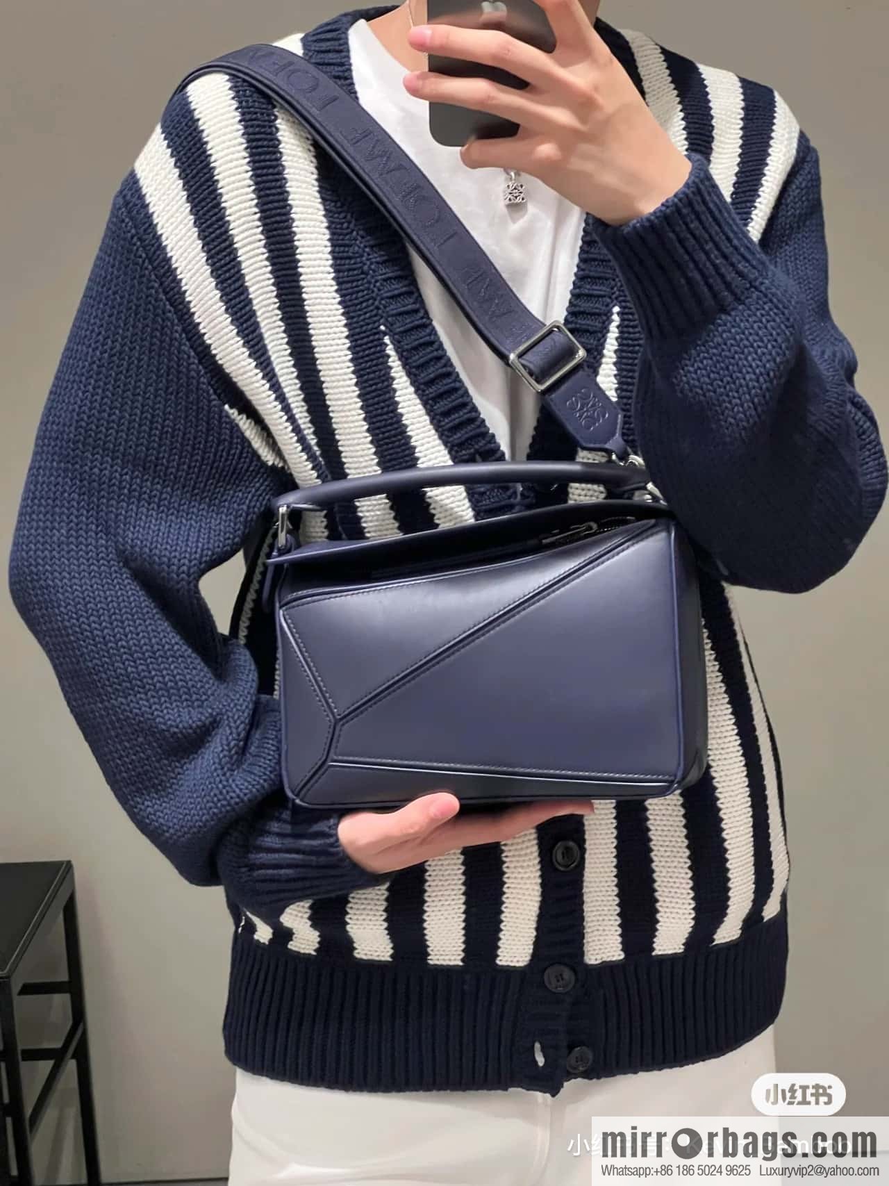 LOEWE satin leather ➕ Anagram embroidery shoulder strap geometric bag 0189 blue 24CM