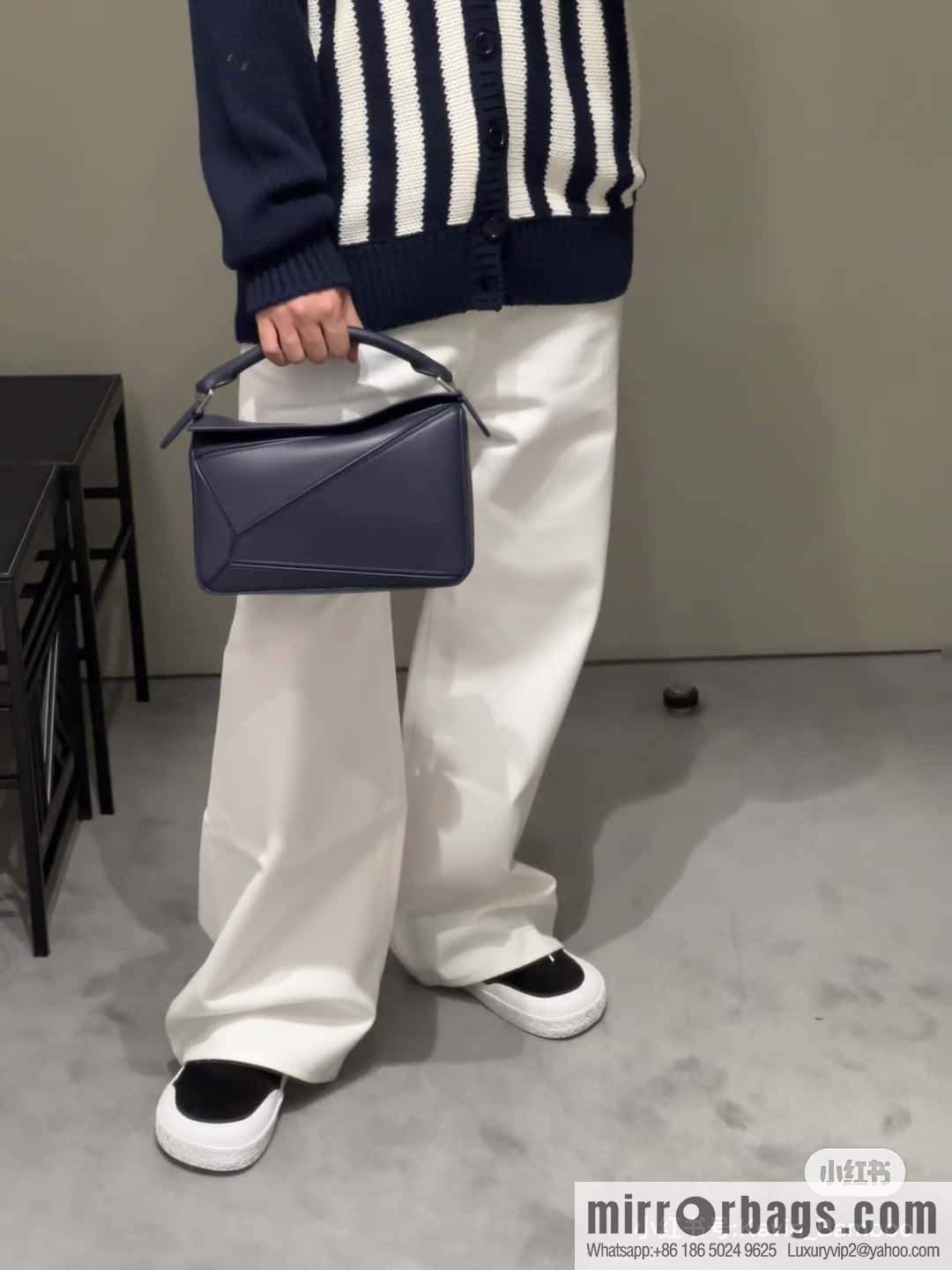 LOEWE satin leather ➕ Anagram embroidery shoulder strap geometric bag 0189 blue 24CM