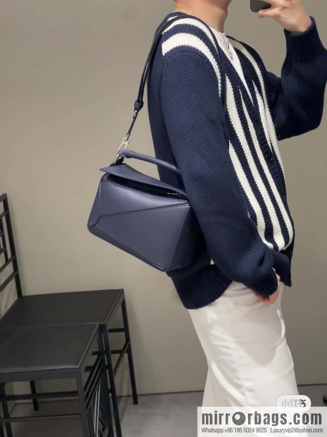 LOEWE satin leather ➕ Anagram embroidery shoulder strap geometric bag 0189 blue 24CM