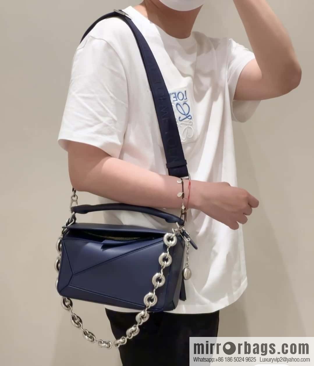 LOEWE satin leather ➕ Anagram embroidery shoulder strap geometric bag 0189 blue 24CM