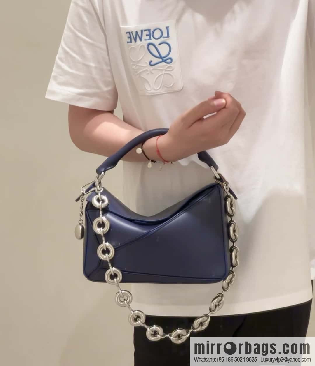 LOEWE satin leather ➕ Anagram embroidery shoulder strap geometric bag 0189 blue 24CM