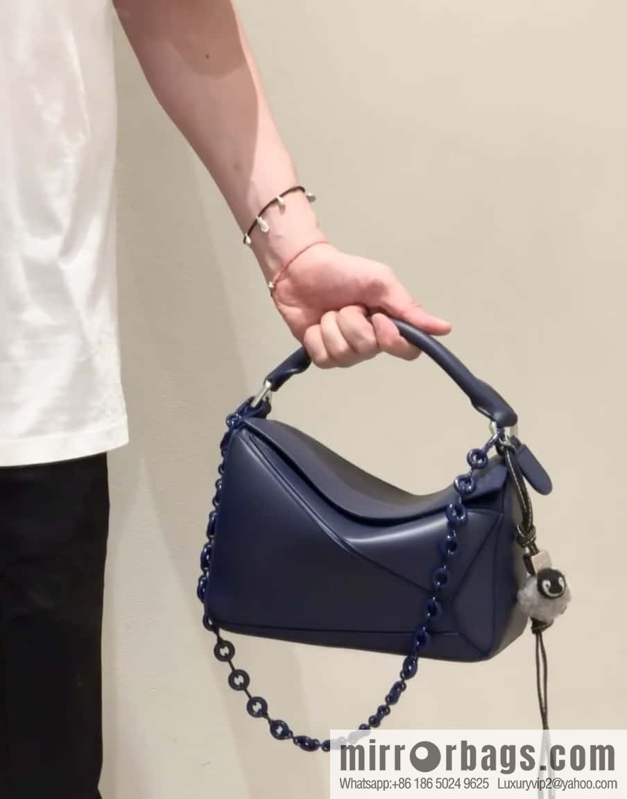 LOEWE satin leather ➕ Anagram embroidery shoulder strap geometric bag 0189 blue 24CM