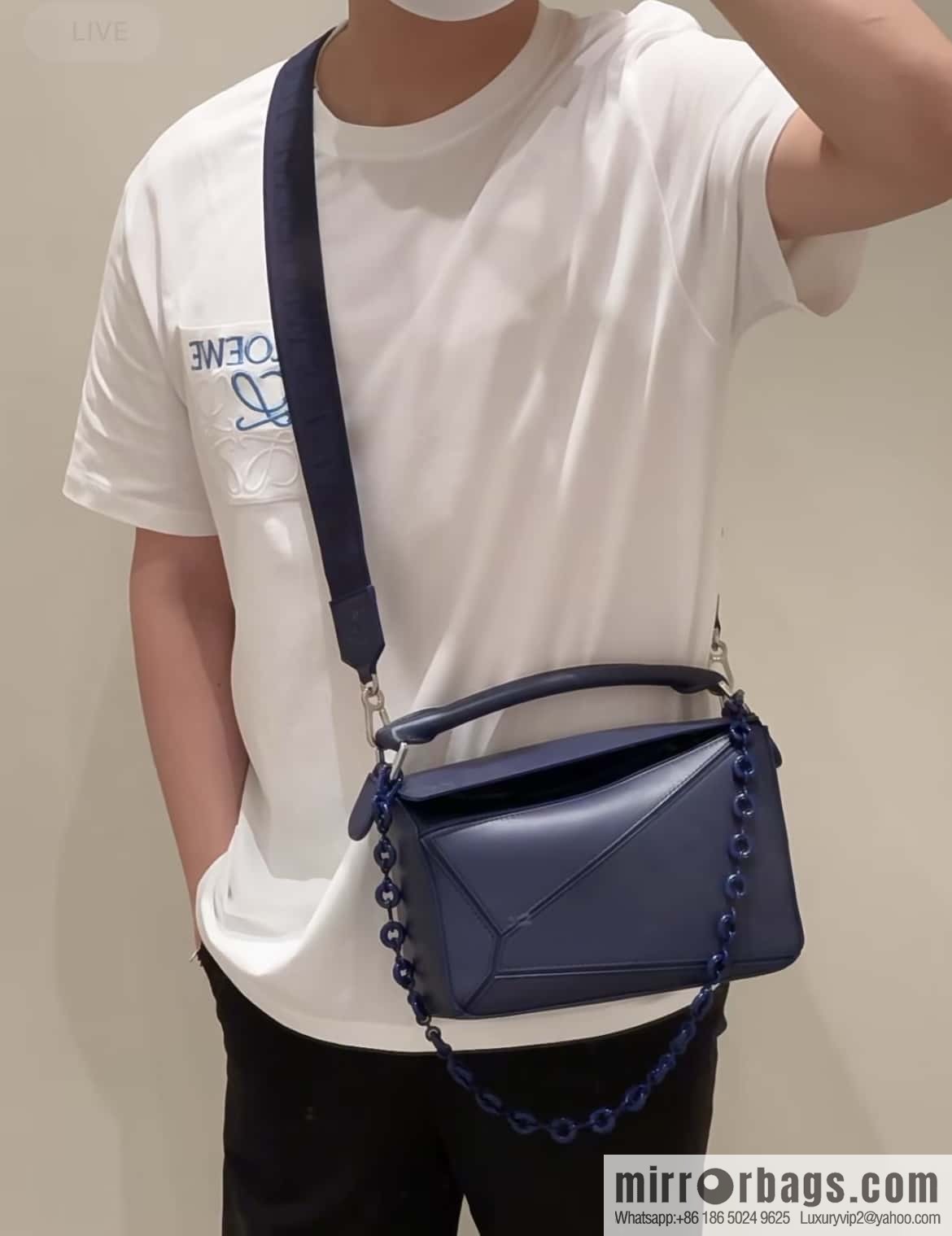 LOEWE satin leather ➕ Anagram embroidery shoulder strap geometric bag 0189 blue 24CM