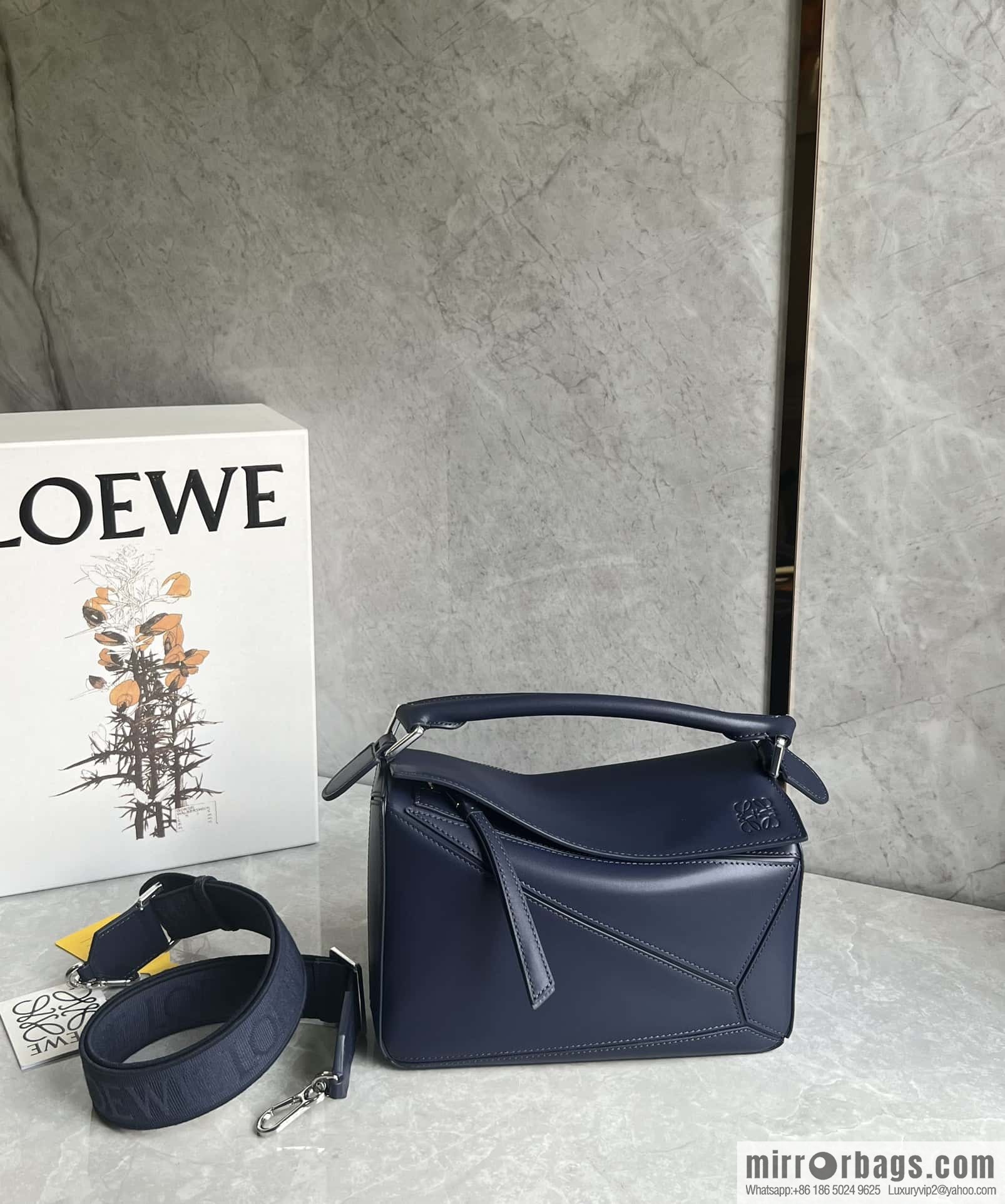 LOEWE satin leather ➕ Anagram embroidery shoulder strap geometric bag 0189 blue 24CM