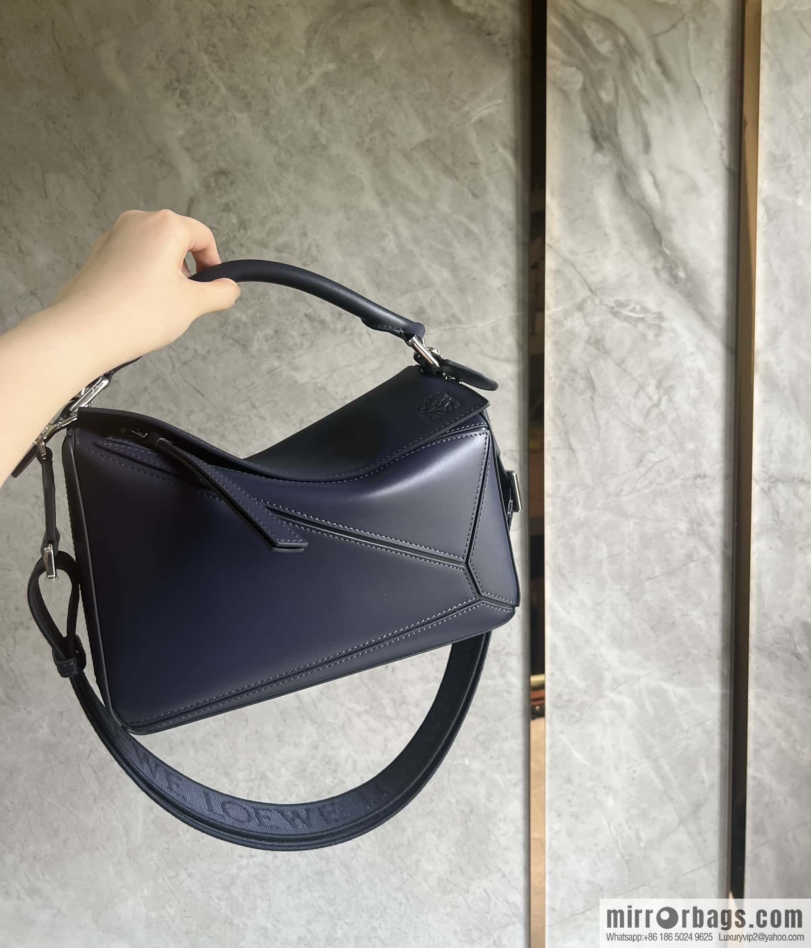 LOEWE satin leather ➕ Anagram embroidery shoulder strap geometric bag 0189 blue 24CM