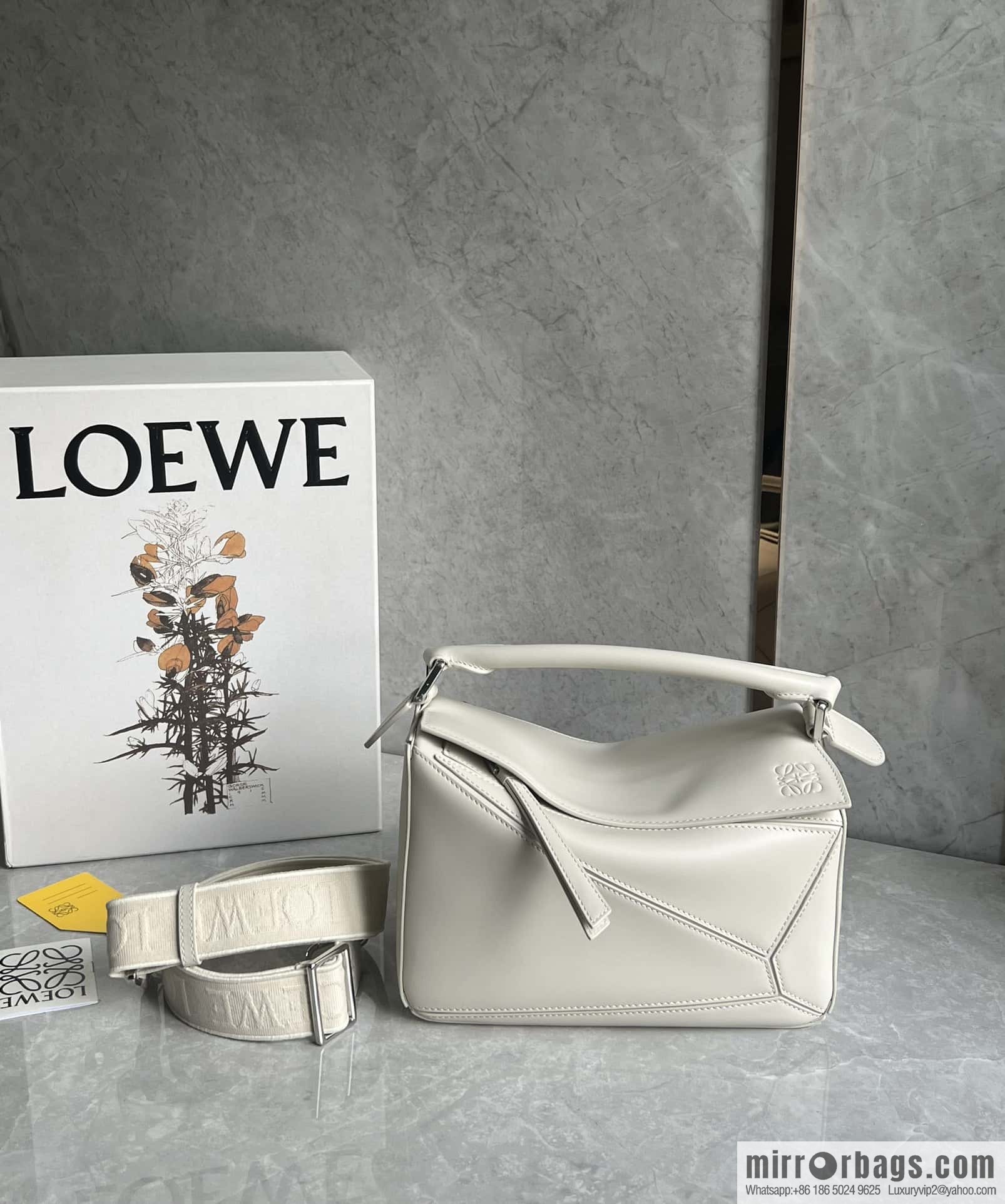 LOEWE satin leather ➕ Anagram embroidery shoulder strap geometric bag 0189 salt white 24CM