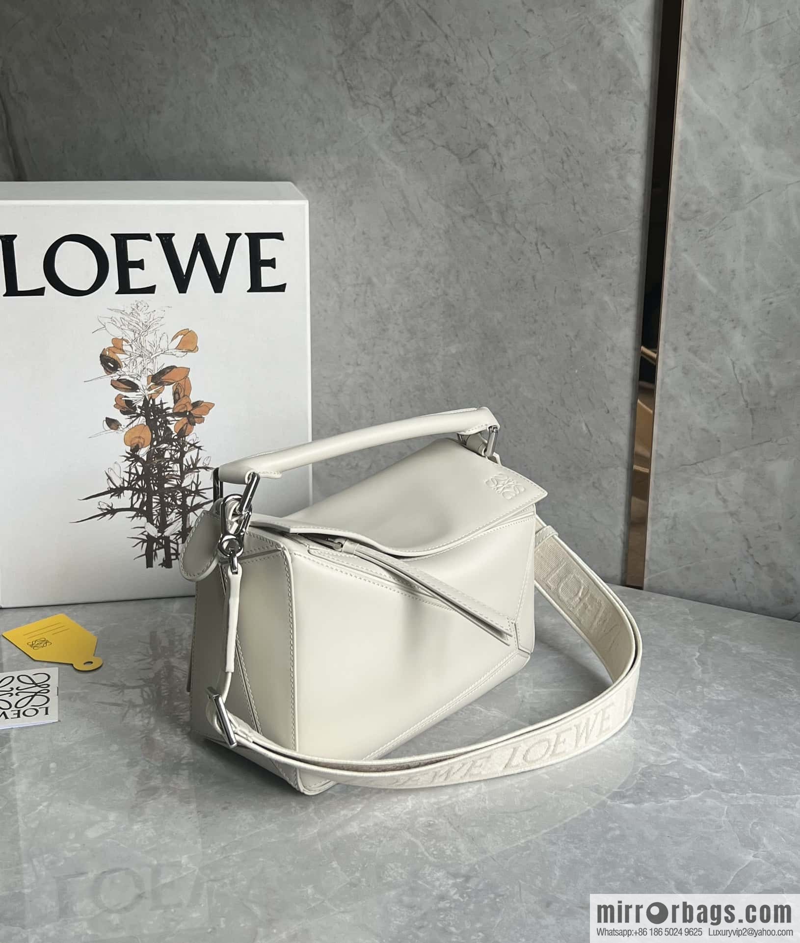 LOEWE satin leather ➕ Anagram embroidery shoulder strap geometric bag 0189 salt white 24CM