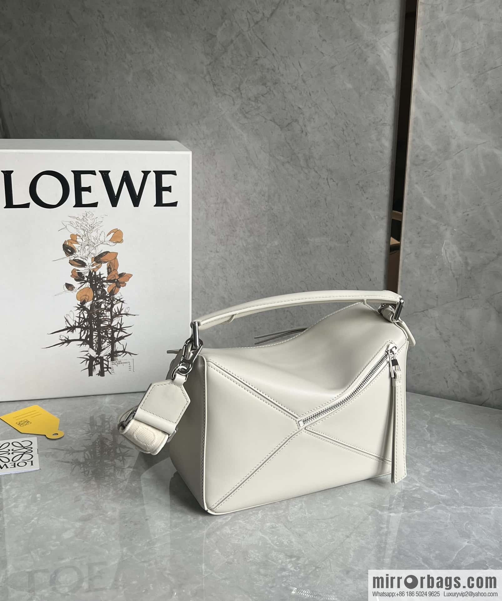 LOEWE satin leather ➕ Anagram embroidery shoulder strap geometric bag 0189 salt white 24CM