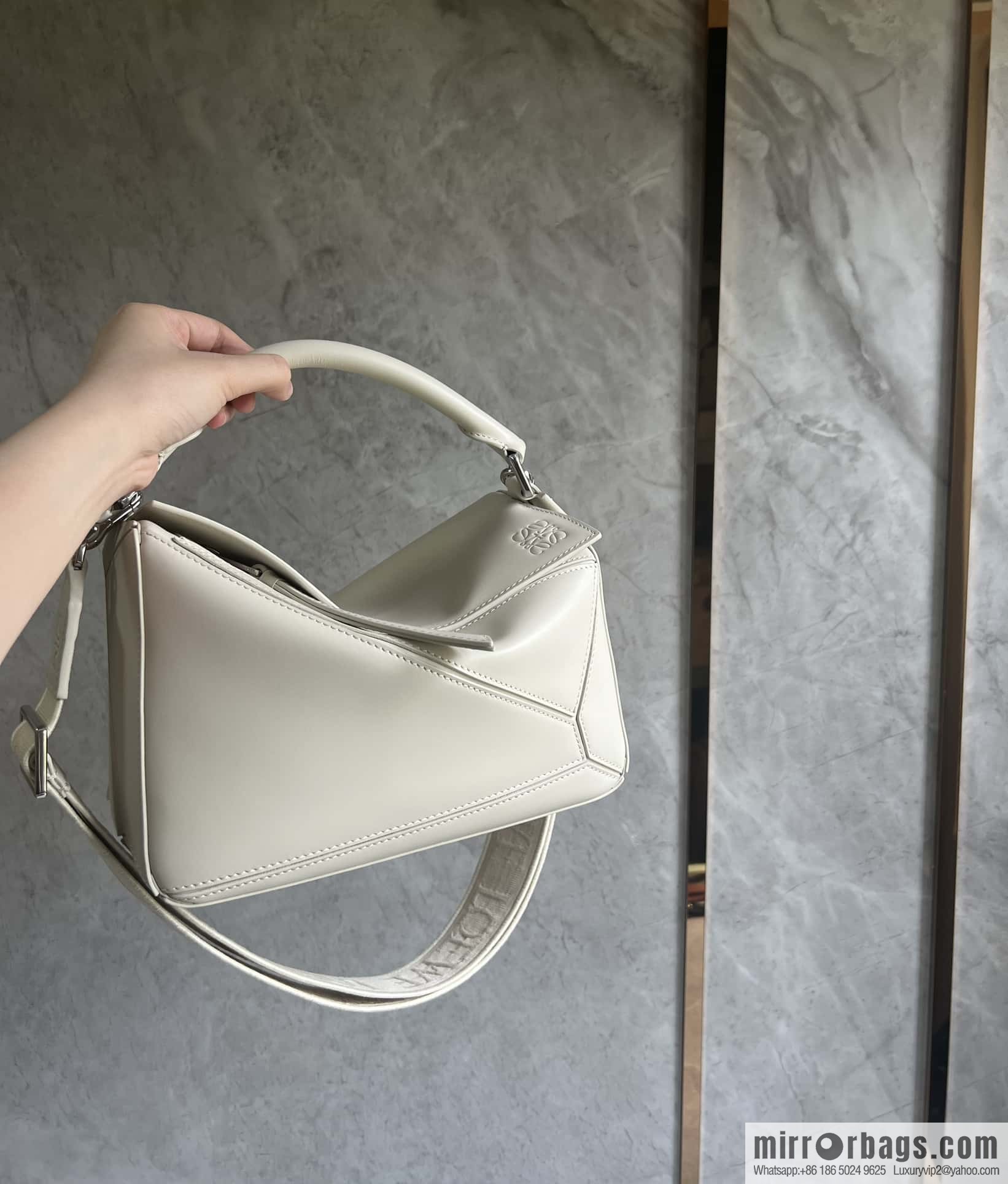 LOEWE satin leather ➕ Anagram embroidery shoulder strap geometric bag 0189 salt white 24CM