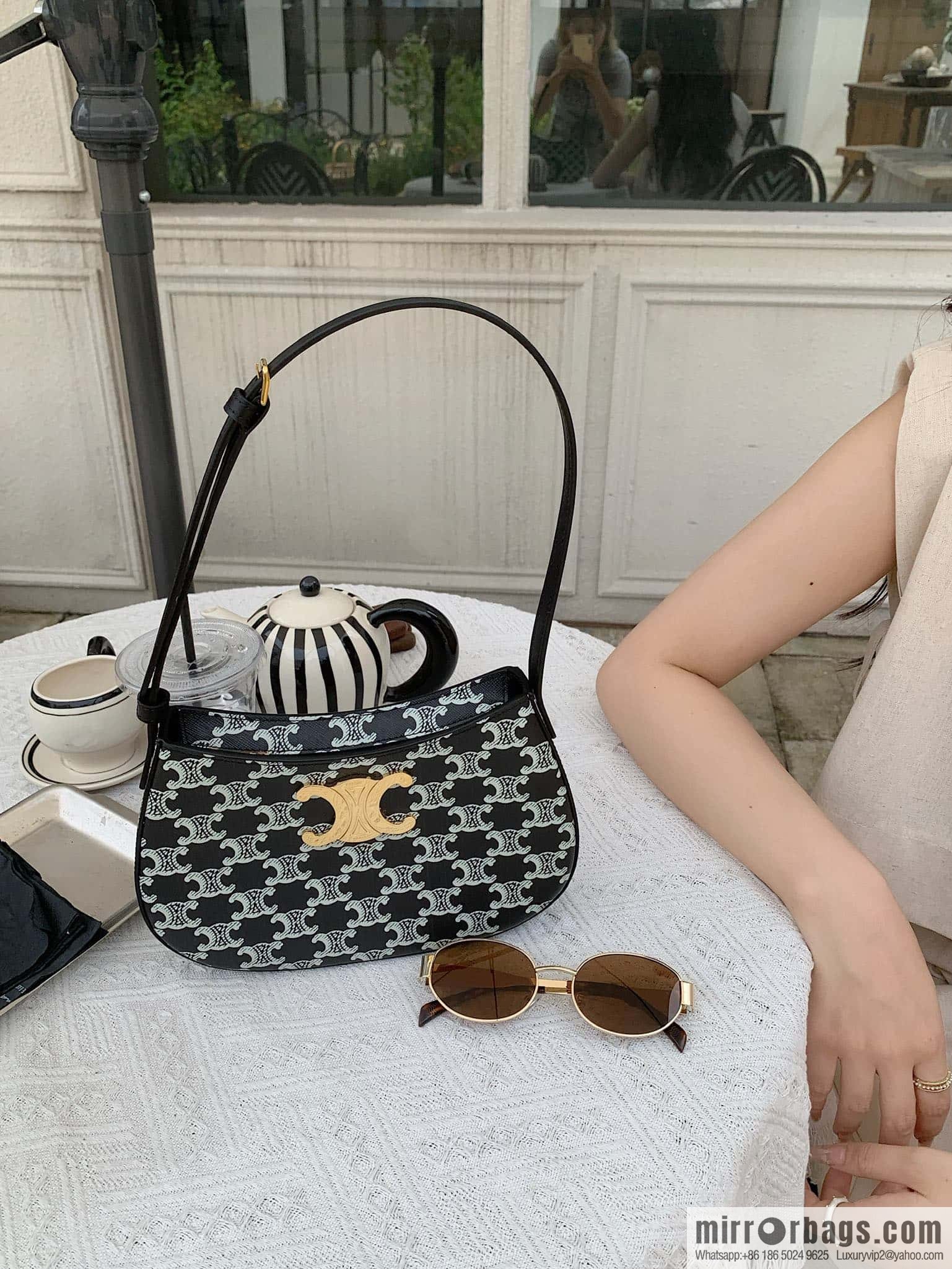 CELINE TILI medium logo printed cow leather (fabric) handbag 115702 black and white flower