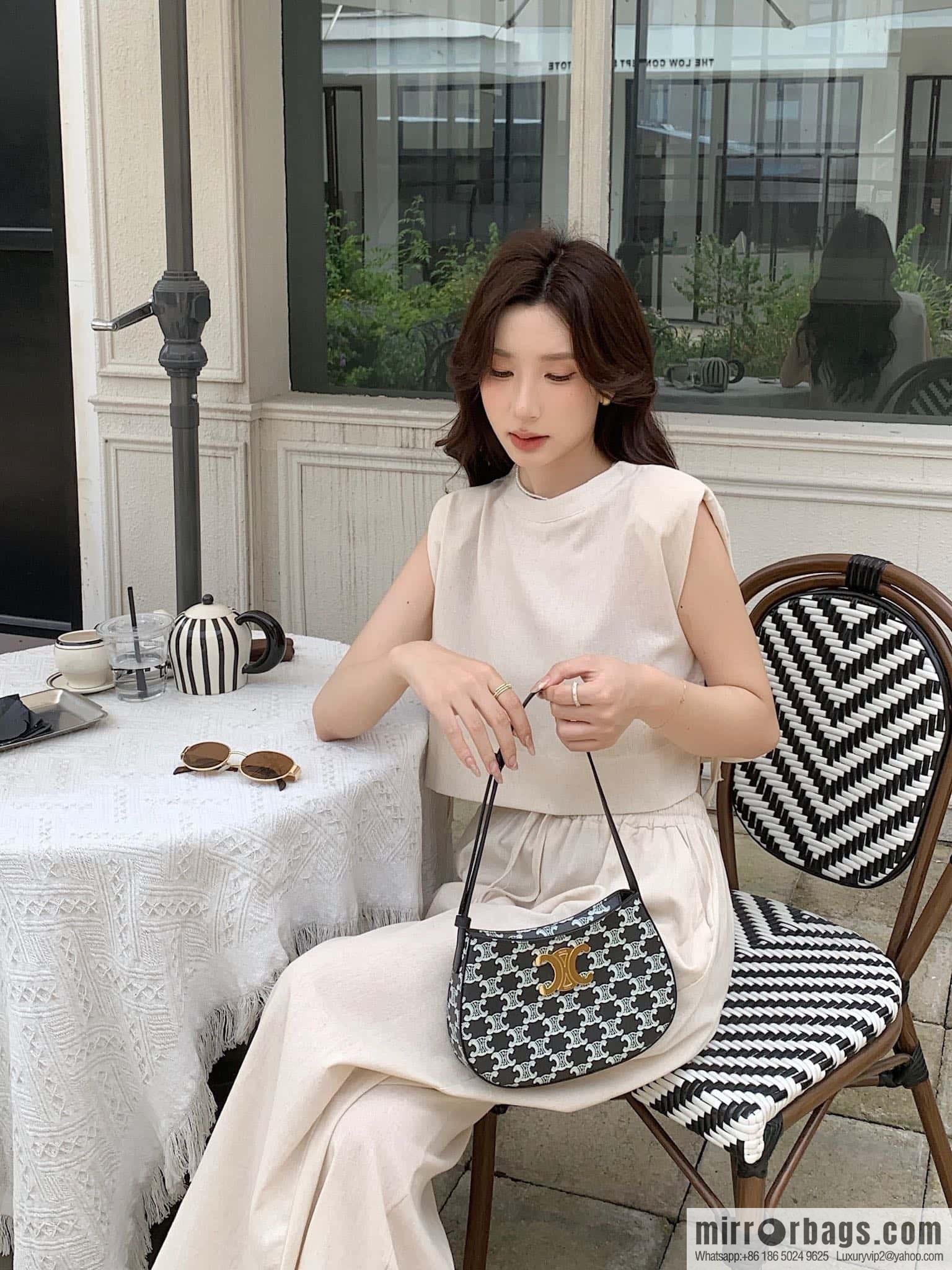 CELINE TILI medium logo printed cow leather (fabric) handbag 115702 black and white flower