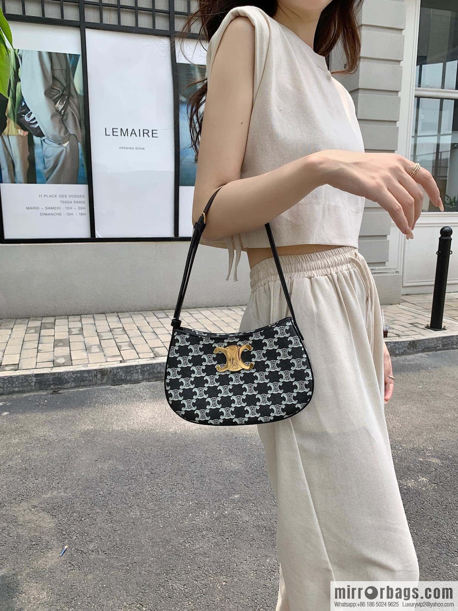 CELINE TILI medium logo printed cow leather (fabric) handbag 115702 black and white flower