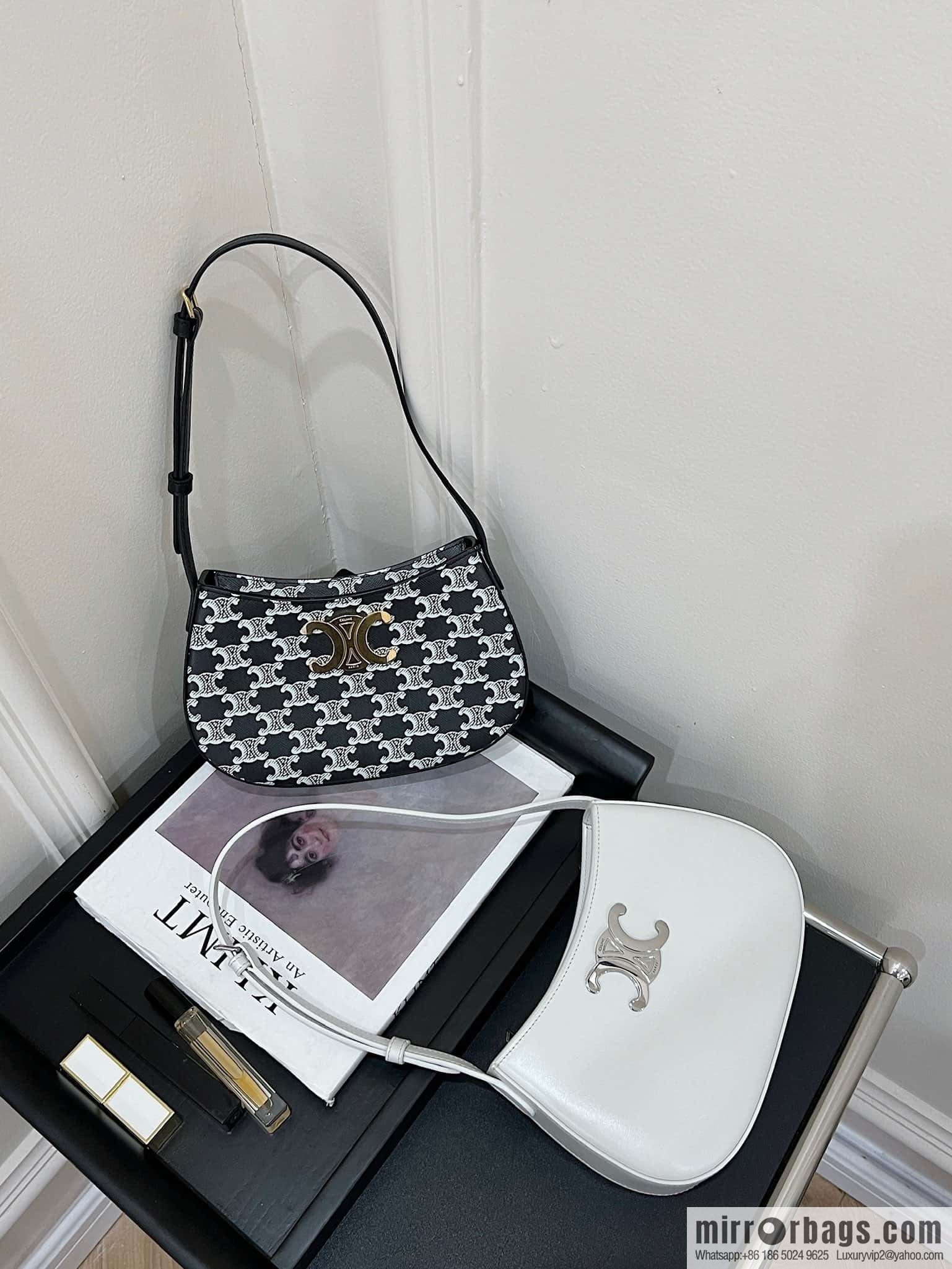 CELINE TILI medium logo printed cow leather (fabric) handbag 115702 black and white flower