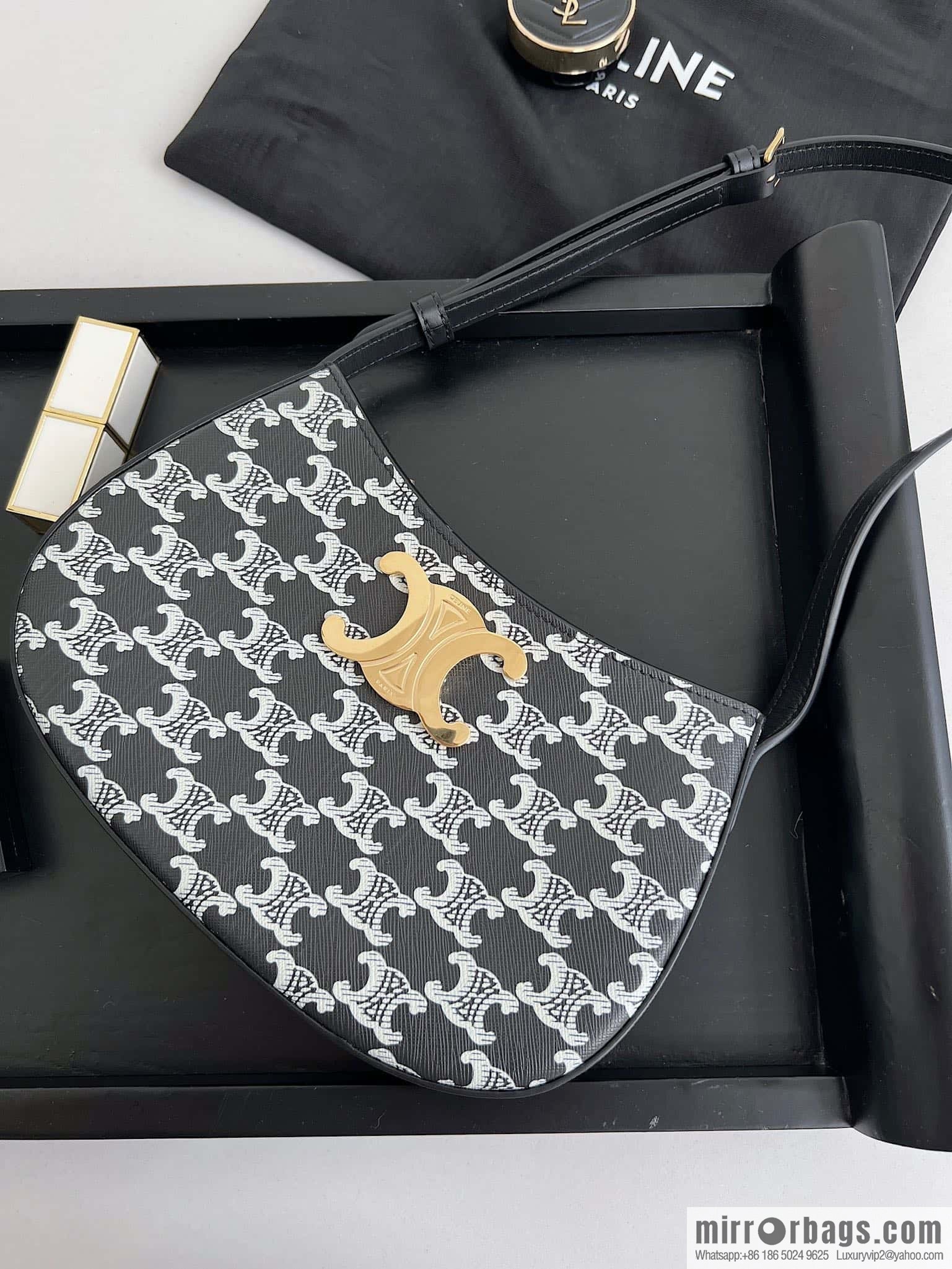 CELINE TILI medium logo printed cow leather (fabric) handbag 115702 black and white flower