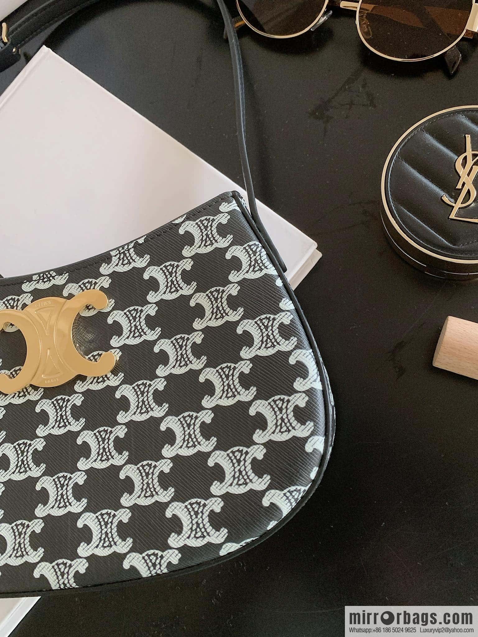 CELINE TILI medium logo printed cow leather (fabric) handbag 115702 black and white flower