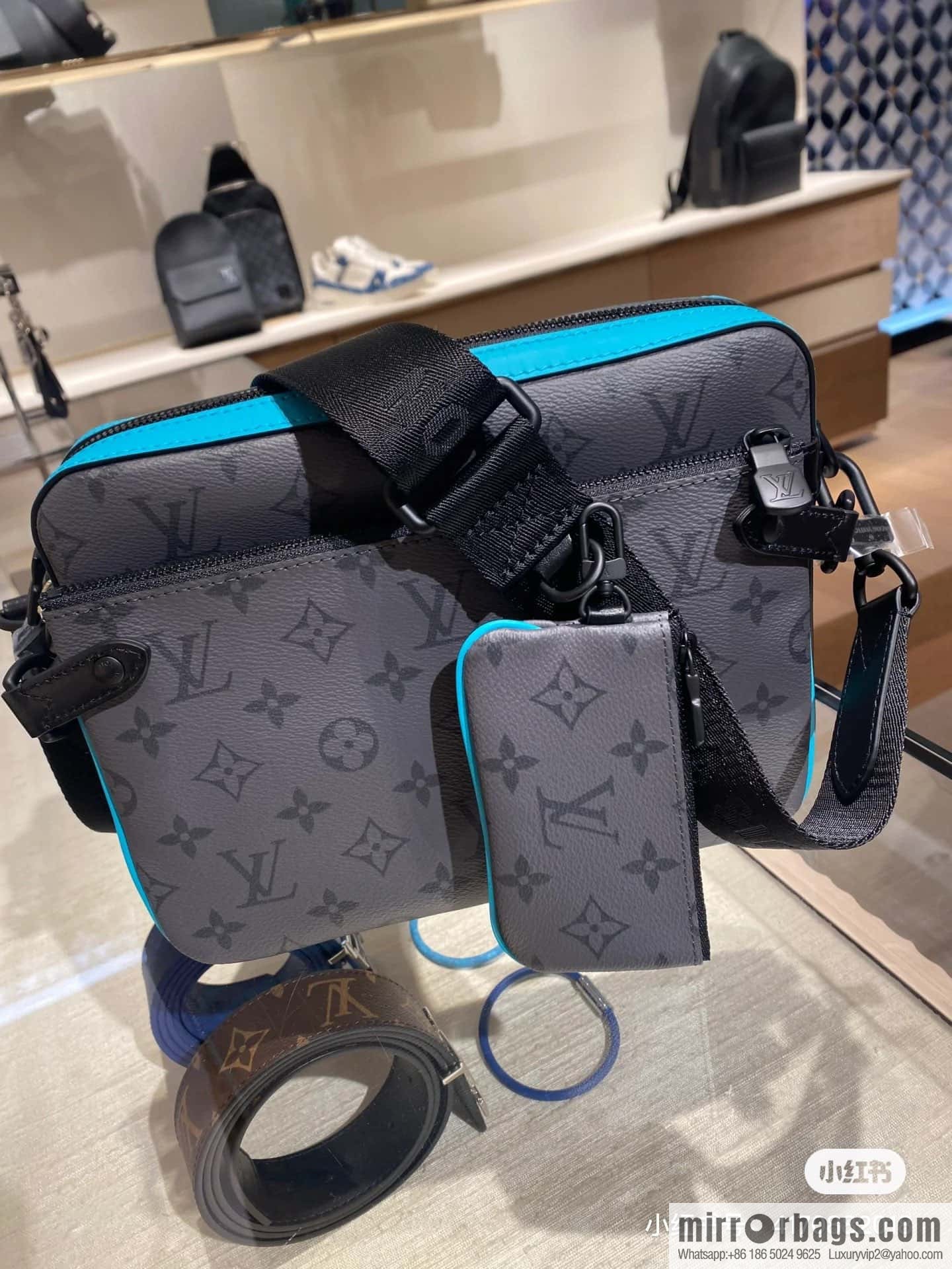 [Boutique‑grade] M11648 blue silver flower, men's bag three-piece messenger bag series TRIO messenger bag