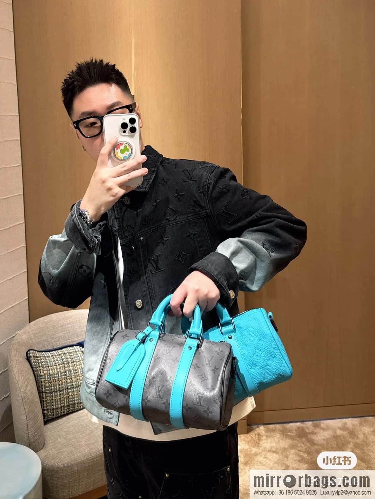 [Boutique‑grade] M11645 blue silver flower, men's pillow bag series, this Keepall 25 handbag.
