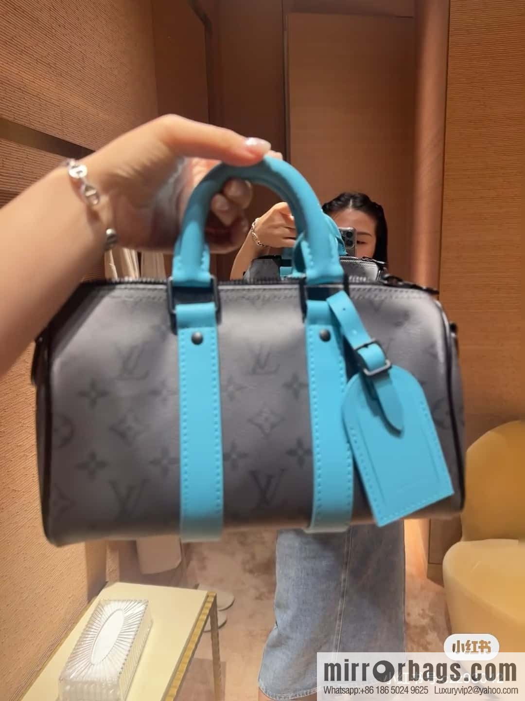 [Boutique‑grade] M11645 blue silver flower, men's pillow bag series, this Keepall 25 handbag.