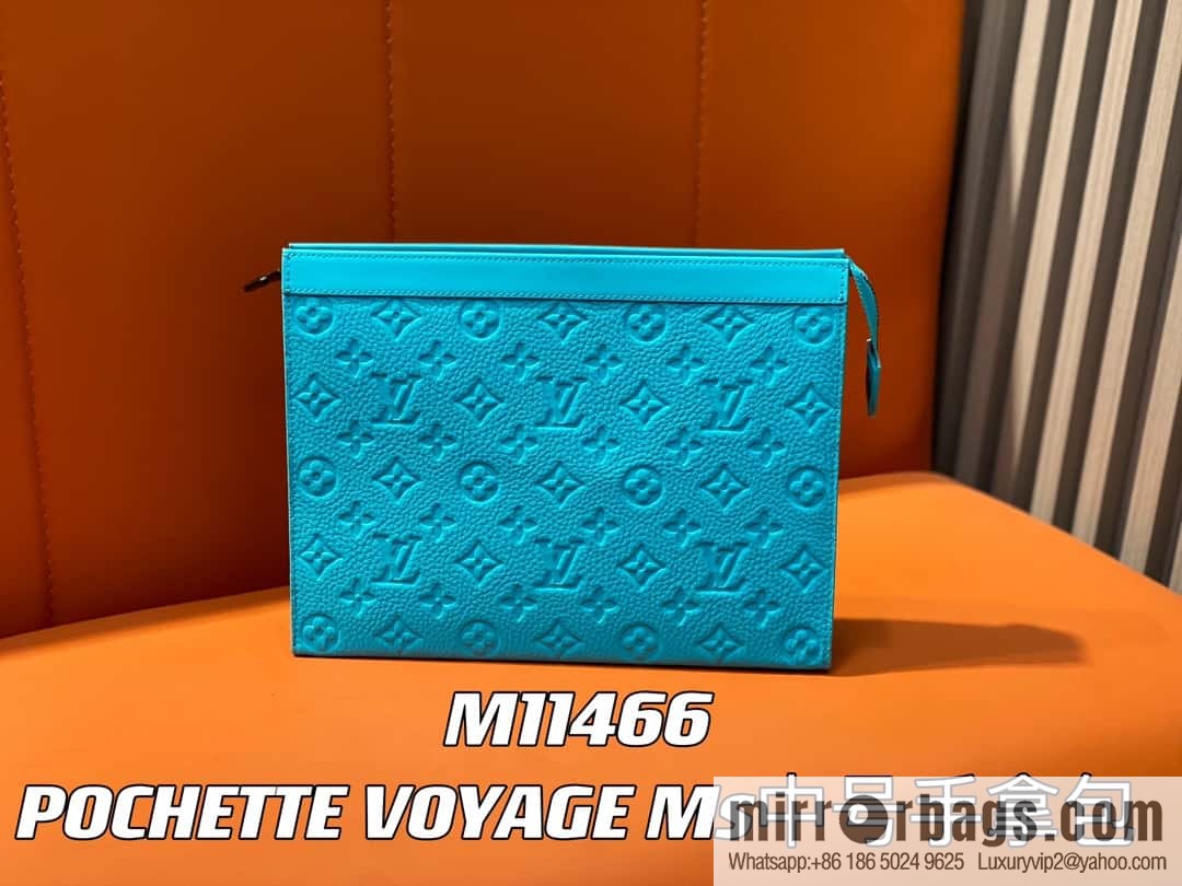 [Premium‑quality] M11466 blue full leather embossed, clutch bag series, the new POCHETTE VOYAGE Ms medium clutch bag of the season