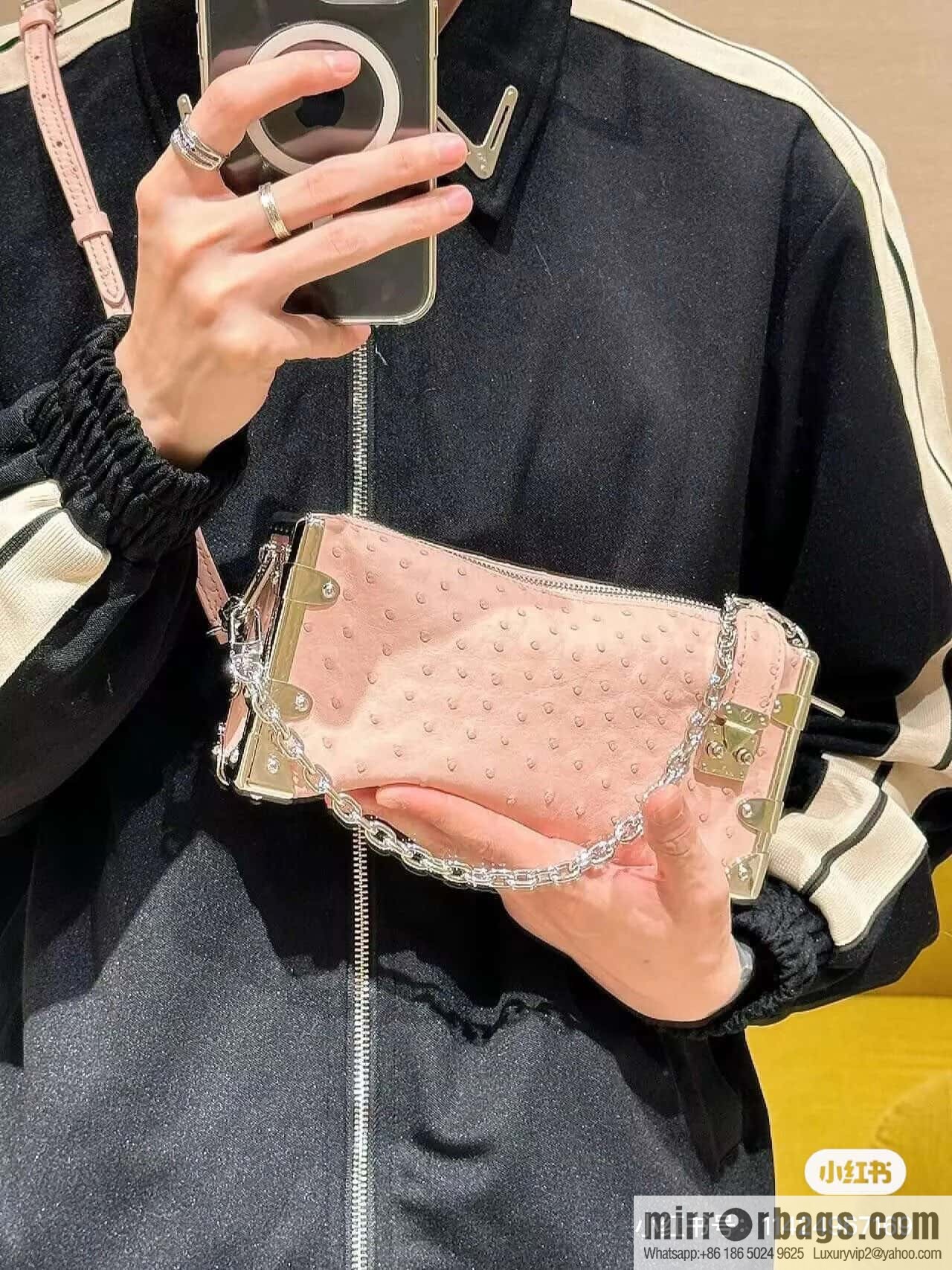 [Boutique‑grade] M25445 pink ostrich pattern full leather, soft box series SLIM TRUNK handbag