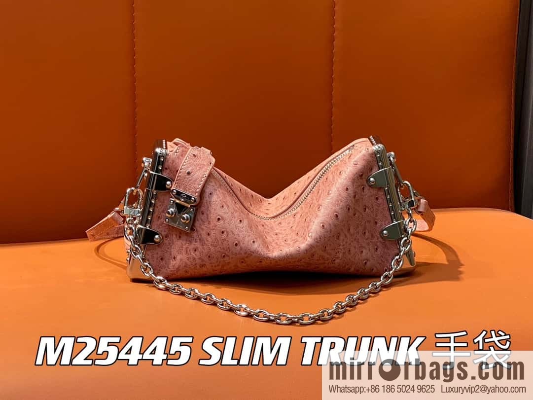[Boutique‑grade] M25445 pink ostrich pattern full leather, soft box series SLIM TRUNK handbag