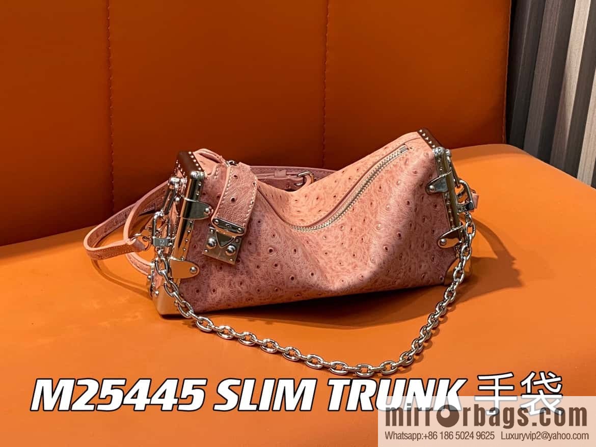 [Boutique‑grade] M25445 pink ostrich pattern full leather, soft box series SLIM TRUNK handbag