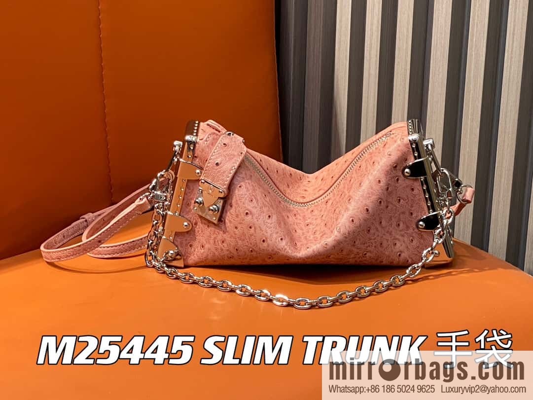 [Boutique‑grade] M25445 pink ostrich pattern full leather, soft box series SLIM TRUNK handbag