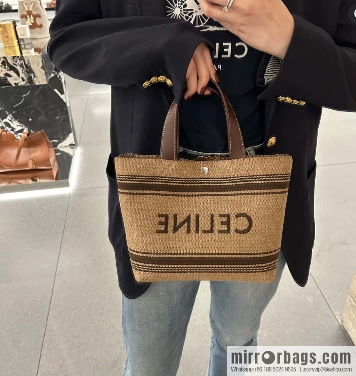 CELINE CABAS mini plant material effect fabric wagyu leather (fabric) handbag 116992
